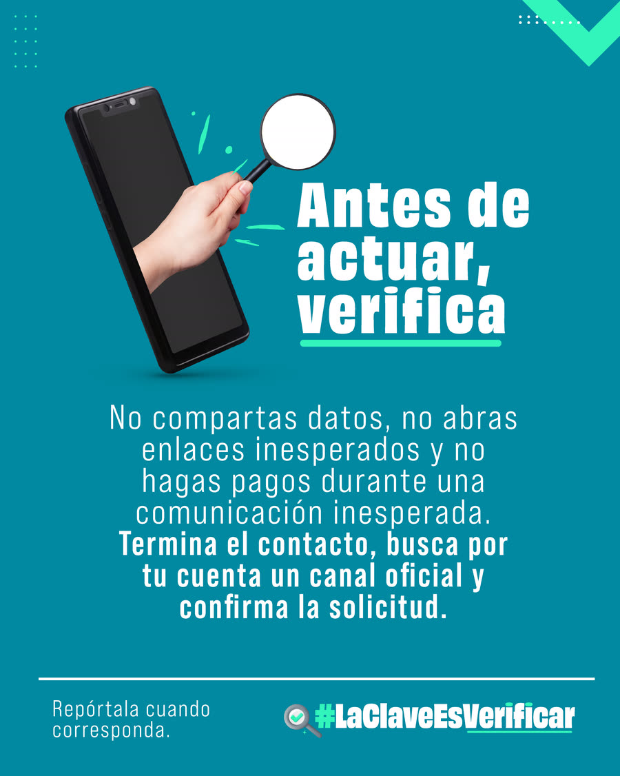 Pieza de cierre de la campaña. Una mano sale de un celular sosteniendo una lupa. Texto: Antes de actuar, verifica. No compartas datos, no abras enlaces inesperados y no hagas pagos durante una comunicación inesperada. Termina el contacto, busca por tu cuenta un canal oficial y confirma la solicitud. Repórtala cuando corresponda. #LaClaveEsVerificar