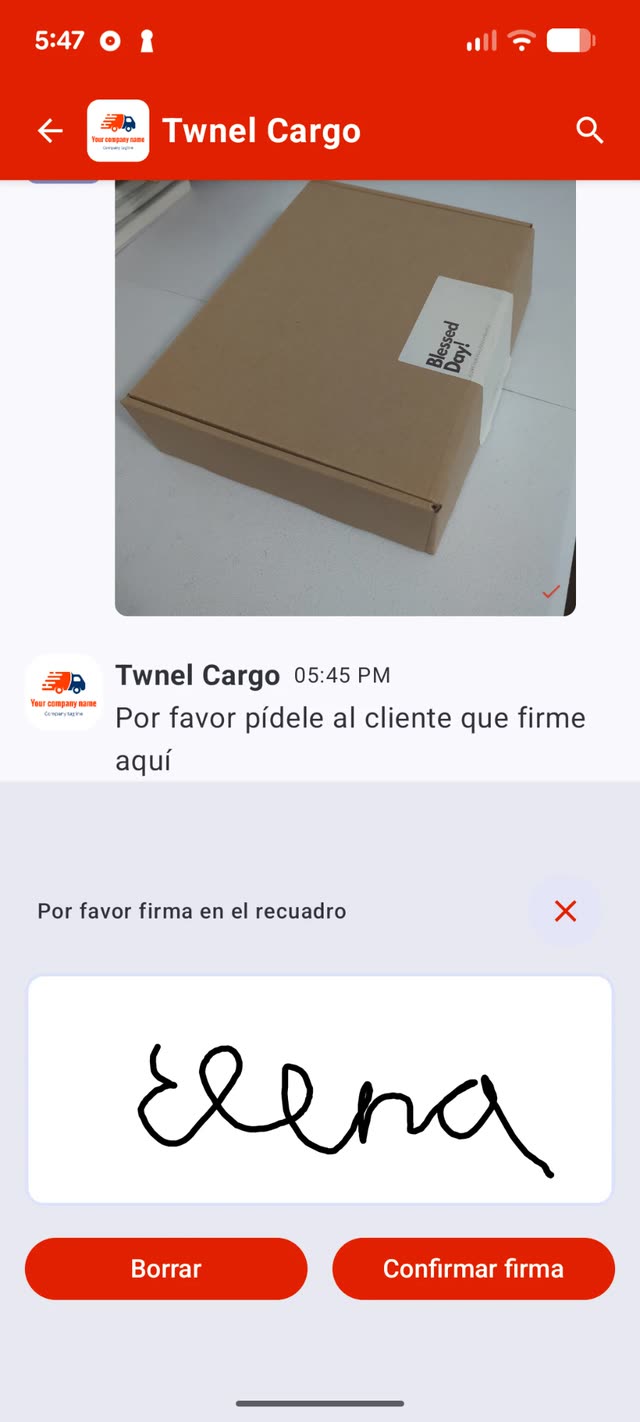 Twnel screen: the dispatcher asks for the customer’s signature and the driver captures it on the phone along with a photo of the delivered parcel
